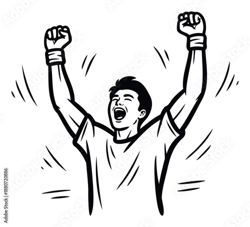 Joyful young man raising his fists in ultimate triumph, cheering loudly in celebration of a major success or significant achievement, perfect for motivational themes.