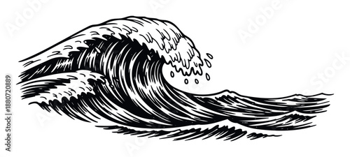 Dynamic ocean wave graphic depicting a powerful sea swell breaking with foam for marine themed prints or adventurous lifestyle branding projects