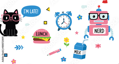 cute nerd cartoon robot and cat illustration, back to school theme, lunch time concept, alarm clock, milk box, playful colorful kids designcute nerd cartoon  