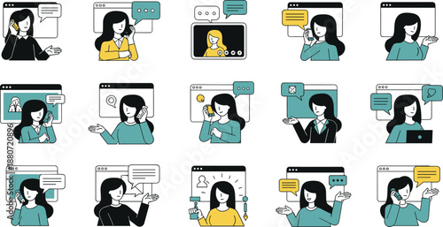 customer support woman illustration set, online help and chat service, call center agent with headset, digital communication windows, modern flat vector design