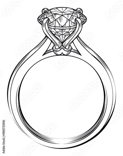 Elegant diamond solitaire ring black and white line drawing ideal for jewelry store promotions, engagement announcements, wedding planning materials, and romantic gift guides.