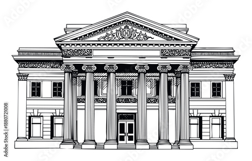 Detailed black and white architectural drawing of a grand neoclassical building with ionic columns and ornate pediment ideal for historical reference prints and educational presentations