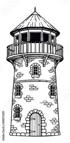 Detailed handdrawn lighthouse outline capturing nautical charm, ideal for maritime publications, travel guides, home decor prints, or educational materials about sea navigation.