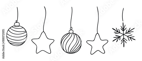 Hand drawn festive Christmas and New Year ornaments including striped balls, stars, and a snowflake perfect for seasonal greetings, holiday promotions, and winter season celebrations.