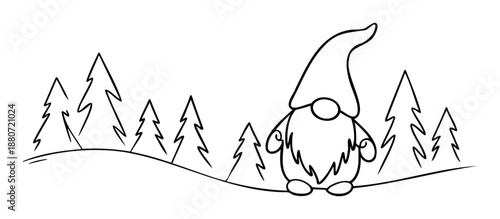 A friendly Christmas gnome with a pointy hat and long beard stands in a winter forest scene with evergreen trees, ideal for childrens holiday coloring books and festive season greetings.