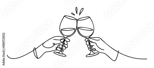Minimalist continuous line drawing of two hands clinking wine glasses in a celebratory toast, perfect for events, invitations, and beveragerelated branding