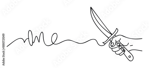Continuous line drawing showing a hand holding a sharp knife near the word me, representing themes of personal struggle, selfharm, mental health crisis, and inner conflict for awareness