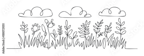 Minimalist continuous line drawing of a vibrant meadow landscape featuring various plants and clouds, ideal for graphic projects or environmental themes
