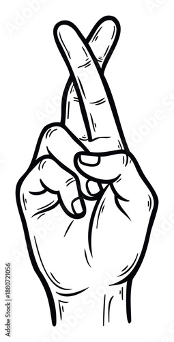 A bold graphic depiction of a human hand with crossed fingers, representing good luck, hopeful wishes, or a playful untruth, ideal for expressive visual content and communication designs.