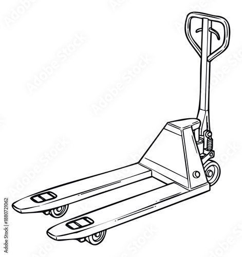 A robust hand pallet truck line drawing for warehouse logistics solutions, material handling equipment, and industrial transportation graphics.