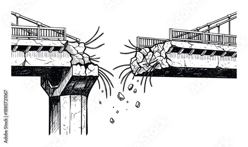 Severely damaged infrastructure showing a broken concrete bridge with exposed rebar and falling debris highlighting risks and challenges for engineering project reports and safety training