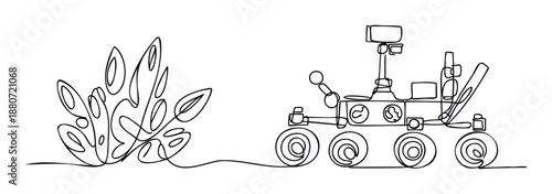 Discover futuristic exploration with a continuous line drawing depicting an extraterrestrial rover encountering alien vegetation, ideal for science, technology, and space exploration themed