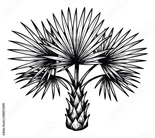 Black and white hand drawn palm tree sketch for tropical themed graphic design projects and exotic vacation travel branding and decoration