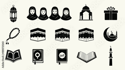 Islamic Culture Icons Vector – Black and White Silhouettes Featuring Kaaba, Quran, Hijab, Mosque, Lanterns, Prayer Beads, and Crescent Moons for Religious, Educational, and Festive Design