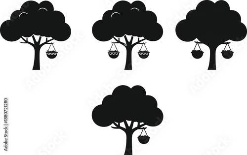 Tree with hanging fruit basket silhouettes isolated on white background nature harvest concept minimal black vector illustration set