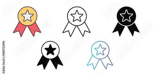 Set of 5 Star Award Ribbon Icons Vector isolated on Transparent Background
