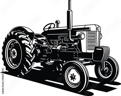Vintage black and white tractor illustration isolated on white background representing classic agriculture, farming machinery, rural industry, and retro farm equipment