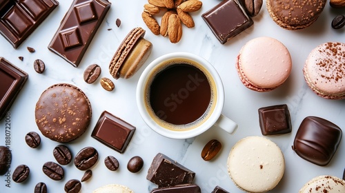 Wallpaper Mural Delicious treats and coffee on a white table with chocolate, cookies, and macarons arranged around a cup of coffee Torontodigital.ca