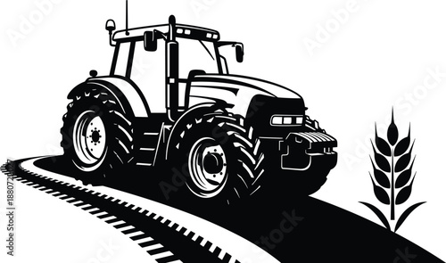 Black and white tractor illustration with wheat symbol representing modern agriculture, farming machinery, rural industry, and agribusiness design