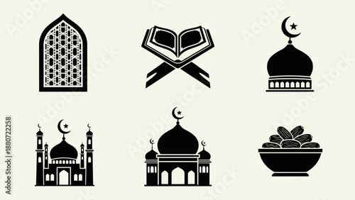 Islamic Culture Icons Vector – Black and White Silhouettes Featuring Kaaba, Quran, Hijab, Mosque, Lanterns, Prayer Beads, and Crescent Moons for Religious, Educational, and Festive Design