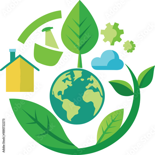 Eco friendly sustainability illustration with green energy earth and leaves