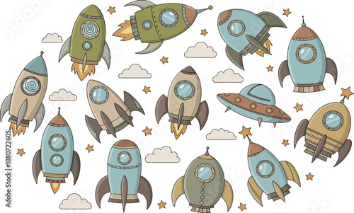 Cute retro rocket ships illustration set with flying spaceships clouds and stars, playful space exploration collection for kids designs, sci fi themes, and creative flat vector artwork