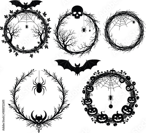 Halloween Wreath And Frame Set Vector Illustration