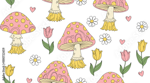 Cute pastel mushroom illustration pattern with flowers hearts and whimsical elements, playful woodland design for kids nursery decor and spring themed flat vector backgrounds