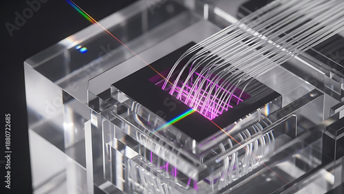 quantum computing processor visualizing data flow through a transparent photonic integrated circuit for advanced artificial intelligence research and development