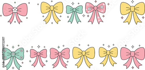 Cute pastel bow illustration set with decorative ribbons and sparkles, kawaii elements collection for gifts packaging, stationery, kids designs, and feminine flat vector decorations