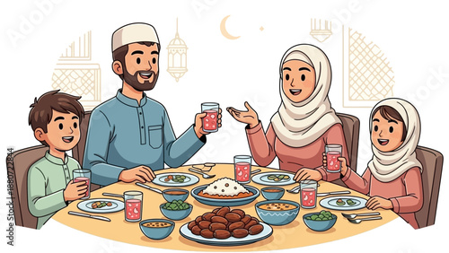 Family Iftar Meal Vector – Islamic Cultural Illustration of Parents and Children Sharing Traditional Ramadan Dinner with Crescent Moon and Mosque Background for Eid and Spiritual Togetherness Themes
