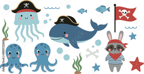 Cute pirate sea animals illustration set with whale octopus jellyfish and bunny, playful ocean adventure characters collection for kids nursery and storytelling flat vector designs