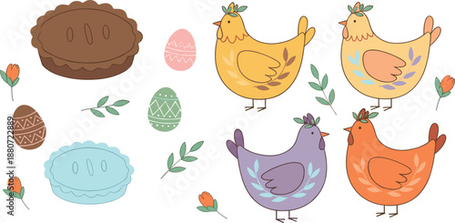 Cute Easter chickens and pies illustration set with decorated eggs and spring flowers, playful farm themed holiday collection for kids nursery and seasonal designs flat vector style