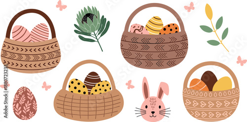 Cute Easter baskets illustration set with decorated eggs bunny face and spring leaves, pastel holiday collection for seasonal greetings, kids designs, and festive flat vector artwork