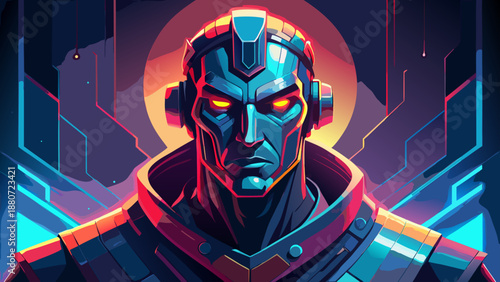 Cybernetic warrior in futuristic cityscape