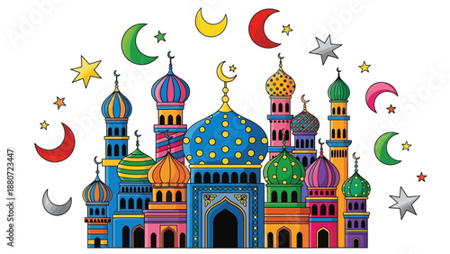 Colorful Mosque Celebration Vector – Vibrant Islamic Architecture with Multicolored Domes, Minarets, Crescent Moons, and Stars for Ramadan, Eid, and Festive Cultural Design Themes