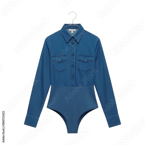Stylish women's long sleeve blue denim shirt bodysuit with collar and chest pockets
