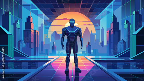 Virtual reality explorer in futuristic cityscape