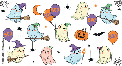 Cute Halloween ghost illustration set with witches hats balloons pumpkins and spiders, playful spooky characters collection for kids party decorations and seasonal holiday designs flat vector style