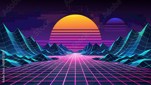 Retro futuristic sunset over mountains