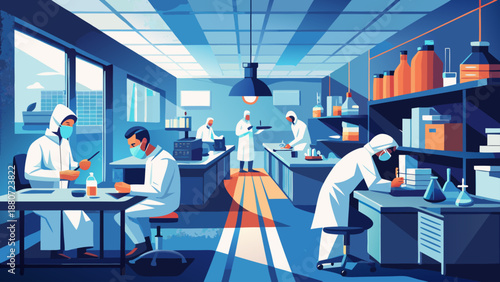 Scientists collaborating in modern laboratory