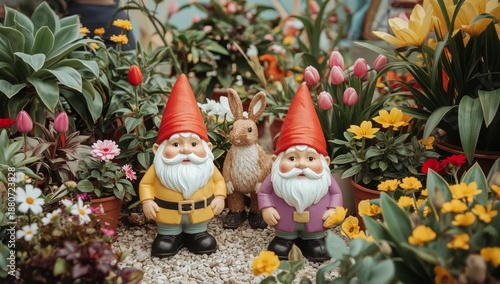 Garden Gnomes Stand in a Flower Bed During Sunny Weather