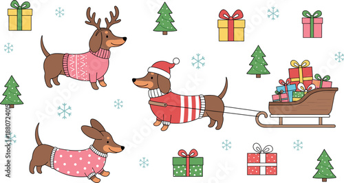 Cute Christmas dachshund dogs illustration set with winter sweaters gifts sleigh and pine trees, playful holiday animal collection for festive designs flat vector style