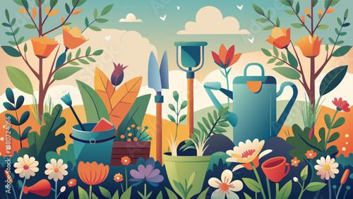 Vibrant garden tools and blooming flowers