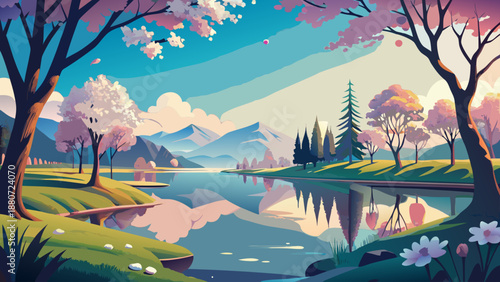 Serene lakeside spring scene