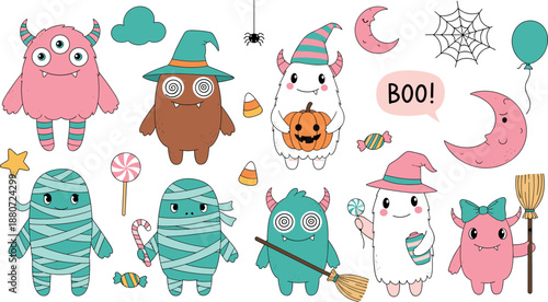 Cute Halloween monsters illustration set with ghosts mummies witches and candy, playful spooky characters collection for kids party decorations and seasonal holiday designs flat vector style