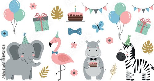 Cute animal birthday party illustration set with elephant flamingo hippo zebra balloons and gifts, playful celebration collection for kids nursery and party designs flat vector style