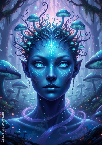 Surreal Blue Humanoid with Glowing Mushrooms in Dreamlike Landscape