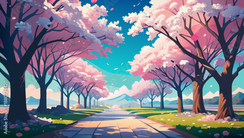 Serene pathway under cherry blossoms