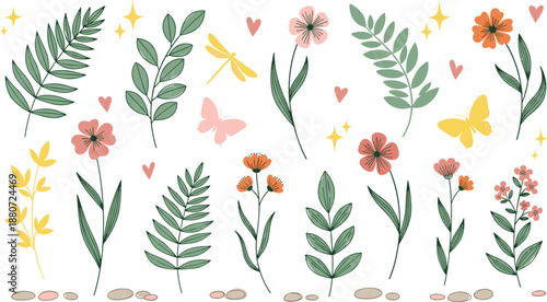 Hand drawn floral and leaf illustration set with butterflies hearts and wildflowers, natural botanical elements collection for spring, garden, and romantic designs flat vector style